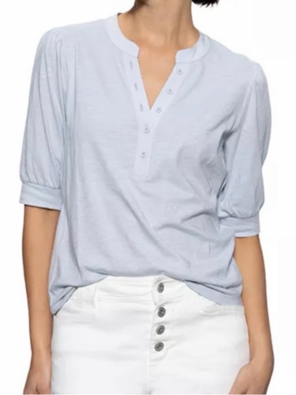 Sanctuary Mixed Media Puff Sleeve Henley Top Sz M NWT $58 Light Blue